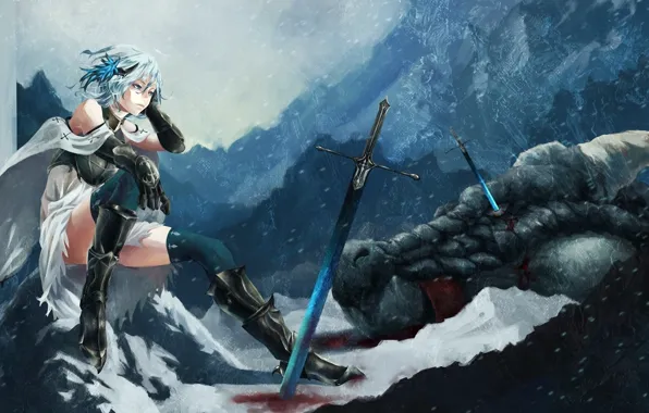 Snow, Anime, swords, fetti