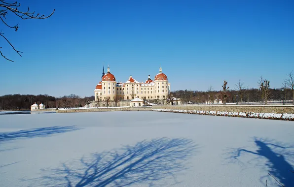 Winter, the sky, snow, castle, Germany, Moritzburg