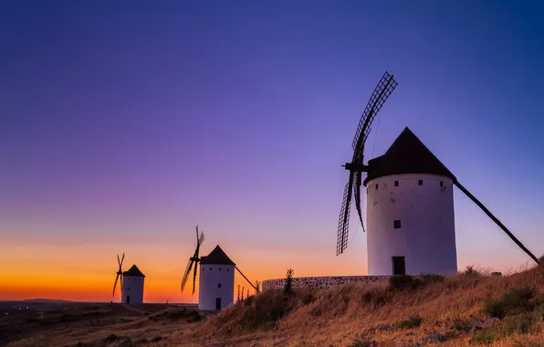 The sky, glow, Spain, windmill