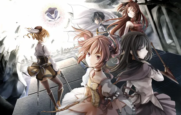 Girl, weapons, bow, hat, cloak, rifle, mahou shoujo madoka magica