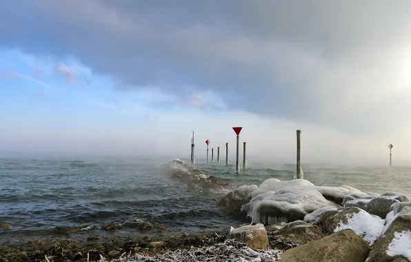 Sea, landscape, ice, signs
