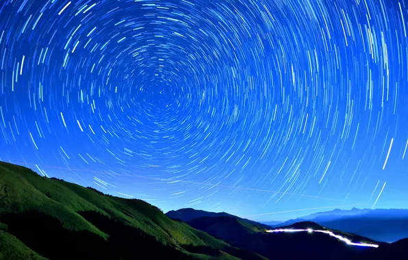 Picture circles, night, hills, shooting, starry sky