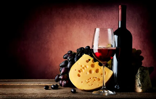 Red, background, wine, glass, bottle, cheese, grapes, twilight