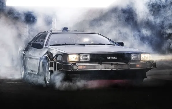 Picture background, lights, smoke, Back to the future, The DeLorean, DeLorean, DMC-12, the front