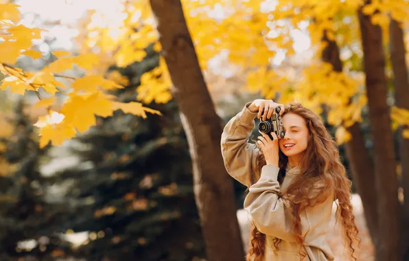 Autumn, look, girl, light, joy, nature, pose, smile