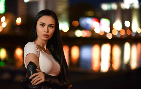 Look, girl, lights, pose, portrait, brunette, long hair, Dmitry Medved