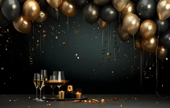 Balls, balloons, the dark background, holiday, wine, balls, Shine, candles