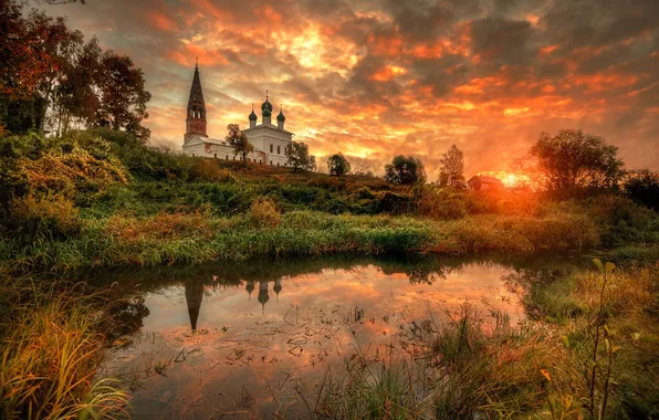 Autumn, the sky, grass, clouds, trees, sunset, lake, Church