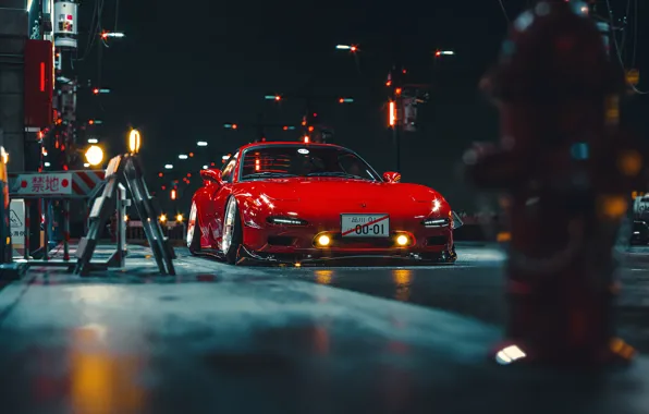 Red, Auto, Night, Machine, Mazda, Mazda RX-7, RX7, Khyzyl Saleem