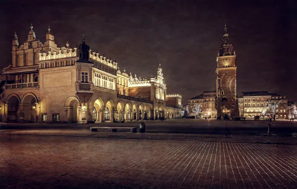 Night, building, tower, area, Poland, architecture, Krakow