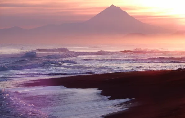 Sand, sea, wave, beach, the sky, clouds, light, mountains