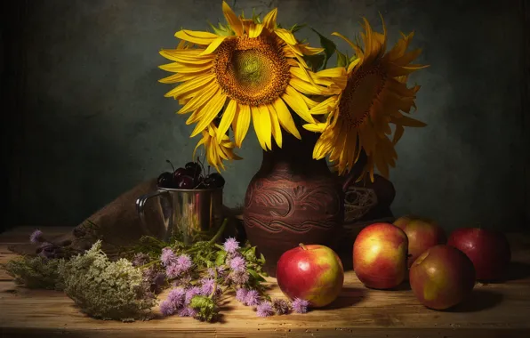 Sunflowers, flowers, cherry, berries, the dark background, table, apples, food
