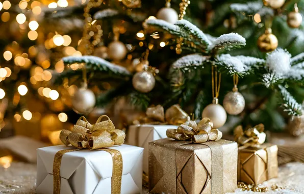 Snow, New year, Tree, Gifts