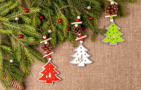 Balls, branches, Christmas, New year, needles, bumps, burlap, Christmas decorations