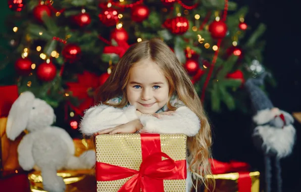 Look, balls, box, gift, toy, hare, child, portrait