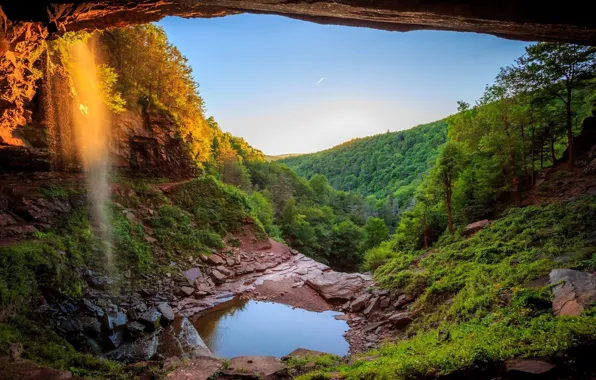 Landscape, mountains, nature, stones, view, waterfall, beauty, window