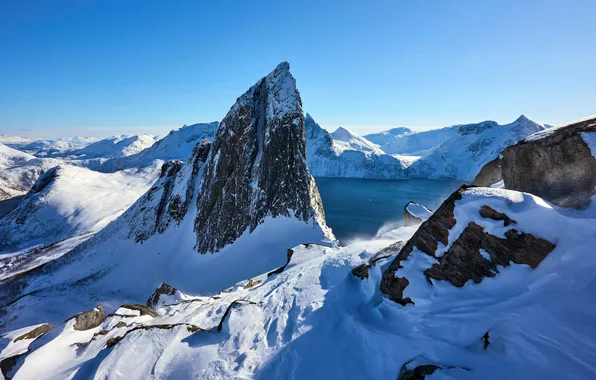 Norway, peak, Norway, Snowy mountains, Peak, Snow Mountains, Fjordgard, Lake Segla