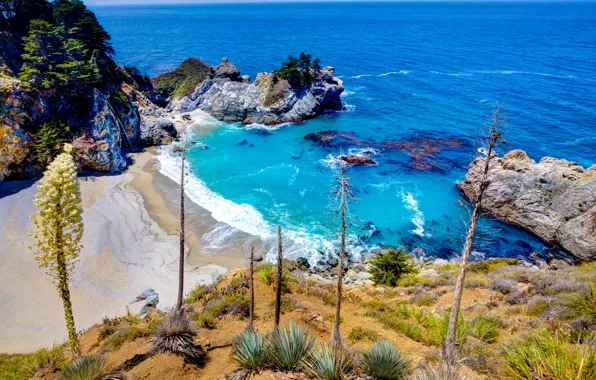 Picture sand, stones, rocks, coast, waterfall, Bay, horizon, CA