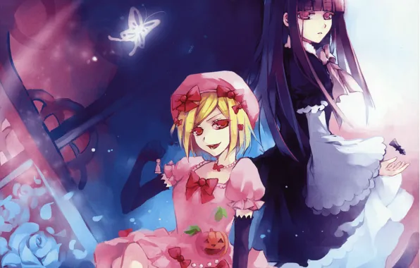 Butterfly, roses, chess, pumpkin, two, bow, umineko no naku koro ni, when the seagulls cry