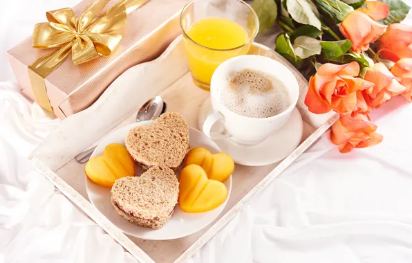 Picture gift, coffee, roses, bouquet, Breakfast, juice, sandwiches, orange