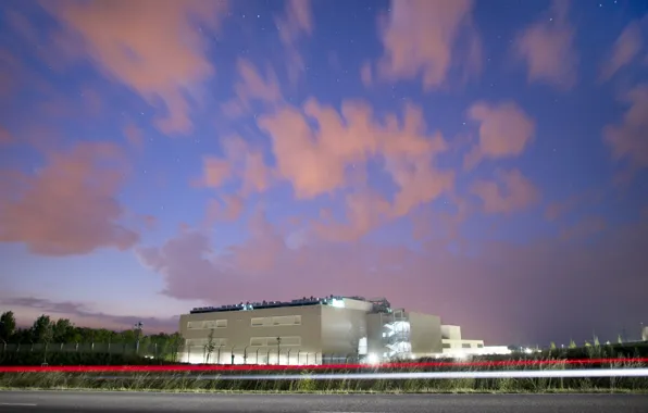 The sky, stars, clouds, light, night, the building, construction, lights