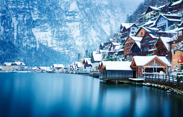 Winter, snow, landscape, mountains, lake, home, Austria, Hallstatt