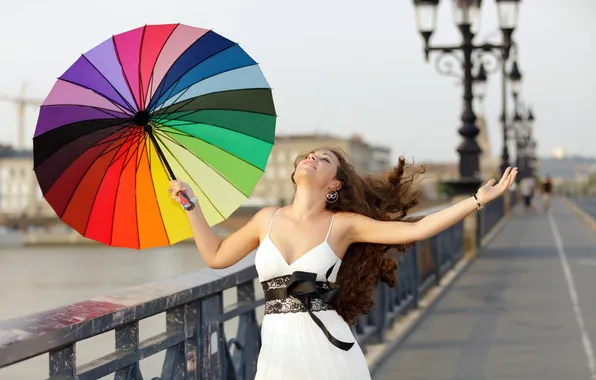 Girl, joy, bridge, umbrella, lights, brown hair