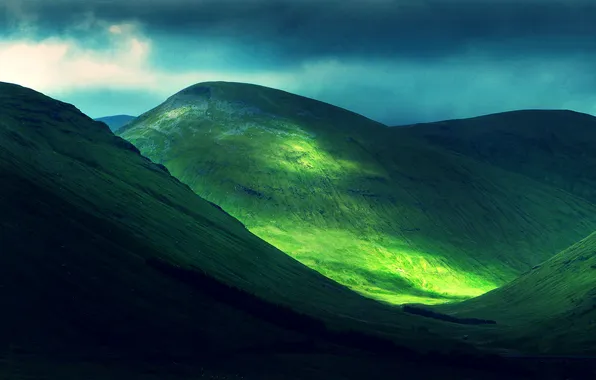 The sky, grass, light, trees, mountains, clouds, valley, slope
