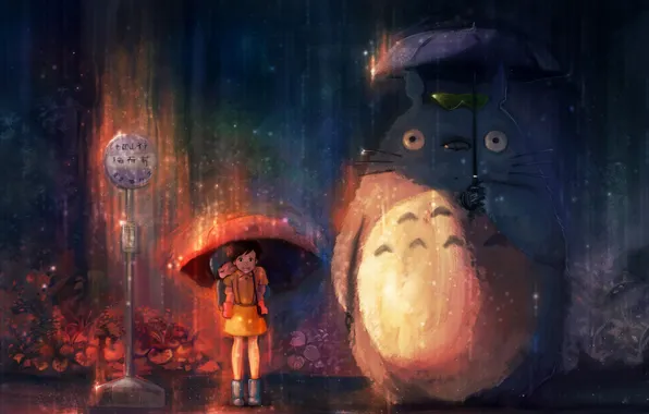 Picture rain, umbrella, My neighbor Totoro, totoro, anime, Satsuki Kusakabe, Mei Kusakabe, My Neighbor Totoro