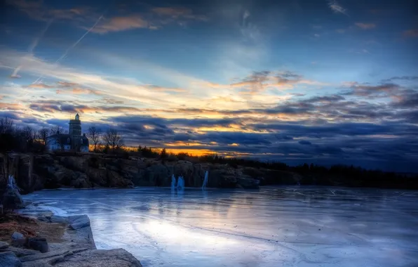 Picture ice, winter, the sky, trees, sunset, lake