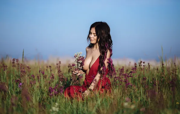 GRASS, CHEST, FIELD, GREENS, DRESS, BRUNETTE, FLOWERS, MOOD