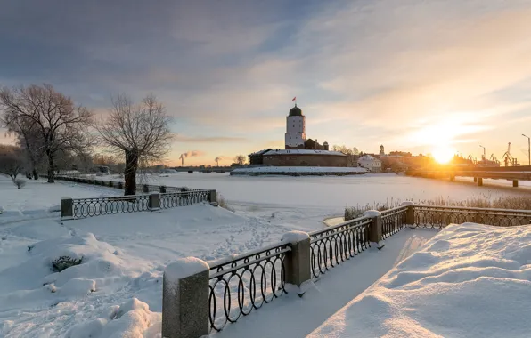 Winter, the sky, the sun, snow, bridge, river, tower, Russia