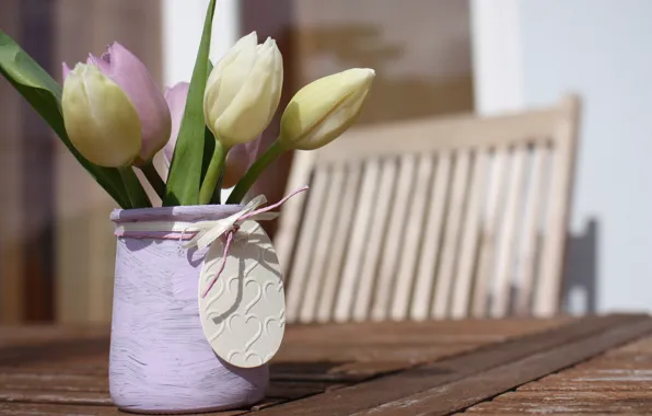 Picture flowers, table, bouquet, chair, tulips, flower, wood