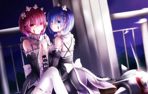 Weapons, girls, blood, demons, anime, art, sisters, Gemini