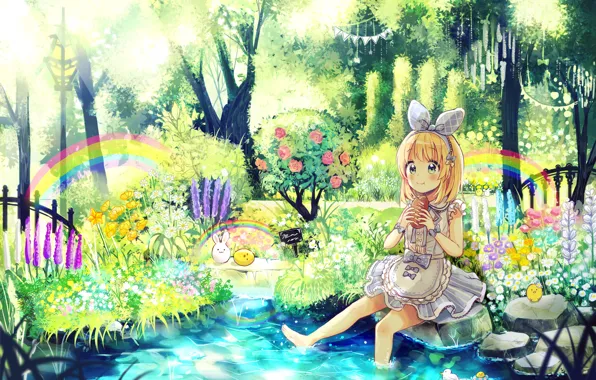 Flowers, Lake, Rainbow, Girl, Animals, Art