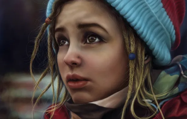 Look, girl, face, hat, piercing, art, dreadlocks