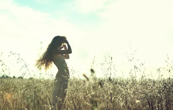 Field, summer, the sky, girl, the sun