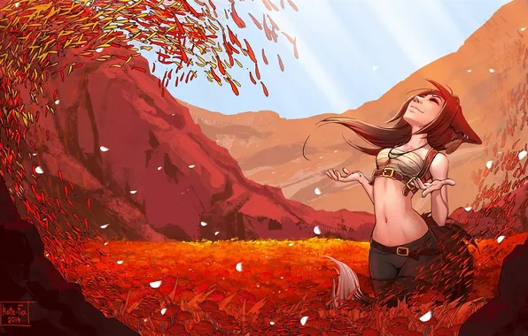 Leaves, girl, smile, tree, the wind, Fox