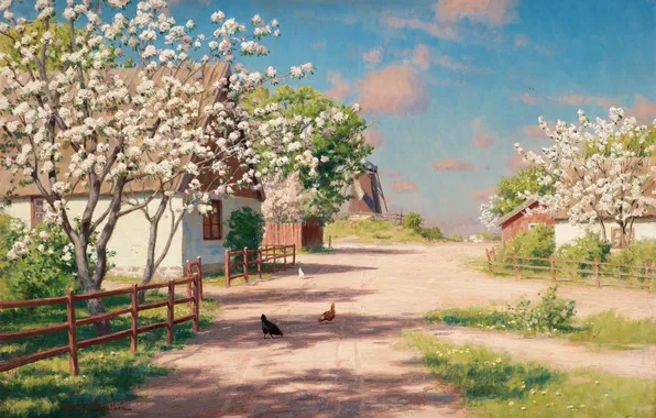 Picture spring, garden, houses, Sweden, flowering, Hens on village street, Johan Krouthén