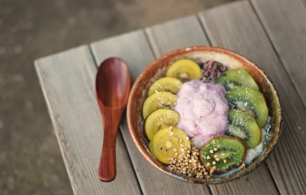 Kiwi, plate, fruit, yogurt