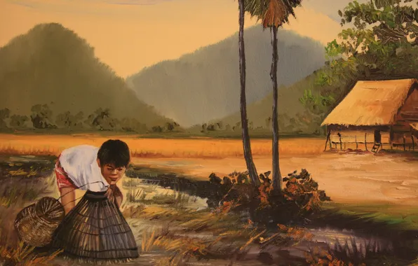Fishing, picture, fisherman, boy, painting, Cambodia