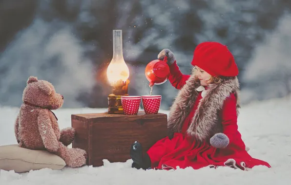Picture winter, snow, mood, toy, lamp, the tea party, girl, bear