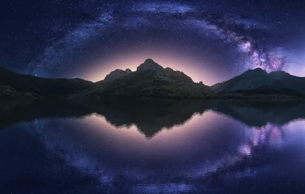 Picture the sky, water, stars, mountains, night, reflection, the milky way