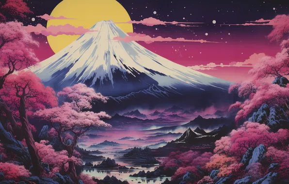 The sky, clouds, snow, mountains, night, rocks, the moon, tops