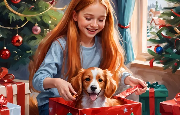 Girl, balls, joy, box, gift, dog, window, Christmas