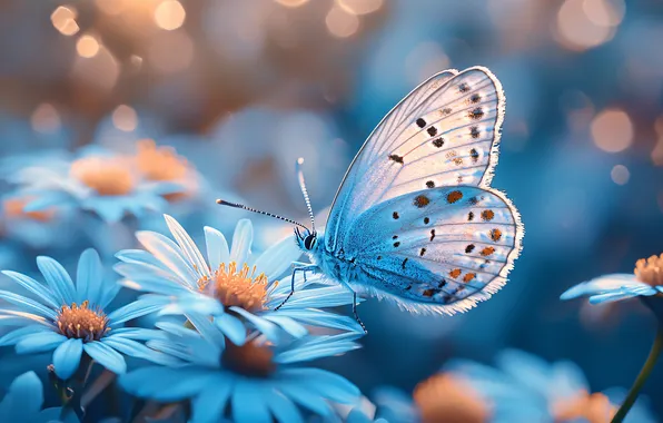 Summer, light, flowers, butterfly, chamomile, white, bokeh, blue tones