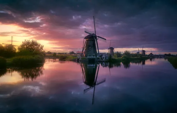 River, the evening, channel, Netherlands, windmills