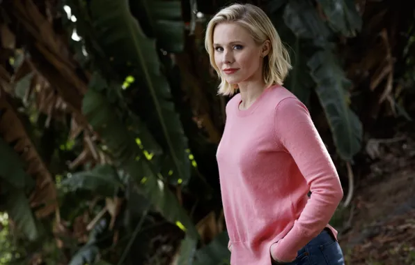 Picture jeans, garden, actress, hairstyle, blonde, jacket, photoshoot, Kristen Bell