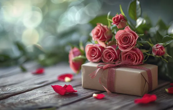 Flowers, holiday, gift, Board, roses, bouquet, petals, pink