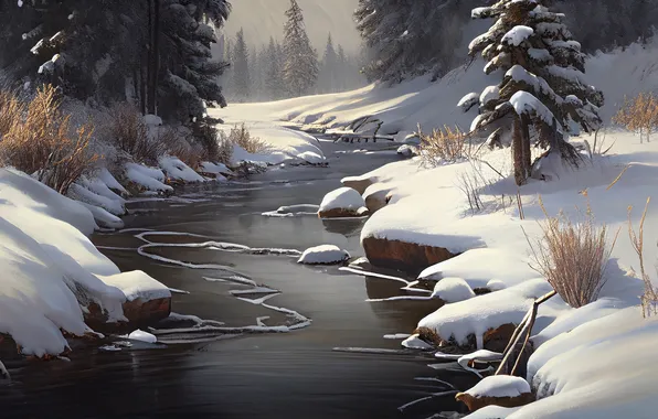 Winter, Trees, Snow, River, Digital art, AI art, The Art of Artificial Intelligence, Neural network